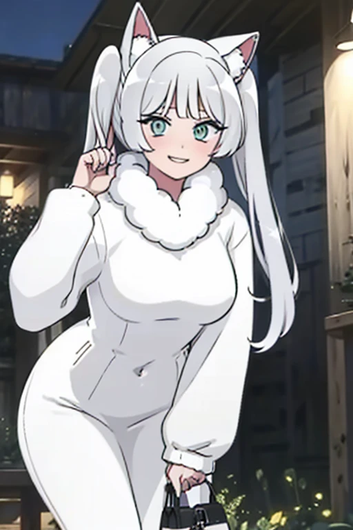 Perfect face. Perfect hands. A young white haired woman with green eyes with white wolf ears and a white wolf tail and an hourglass figure wearing a cool leather dress and a leather jacket blushing while standing on a porch with a big smile at night