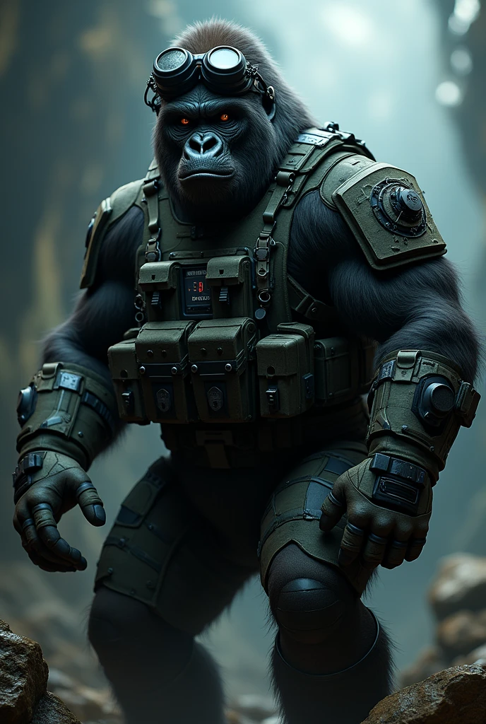 masterpiece, best quality, photorealistic ,fashionmonkey, gorilla,  gun, book, cyberpunk, gloves,army coat, holding, guns, solo, with a waterfall, paradise in the background