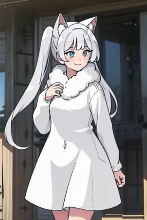 Perfect face. Perfect hands. A young white haired woman with green eyes with white wolf ears and a white wolf tail and an hourglass figure wearing a cool leather dress and a leather jacket blushing while standing on a porch with a big smile at night