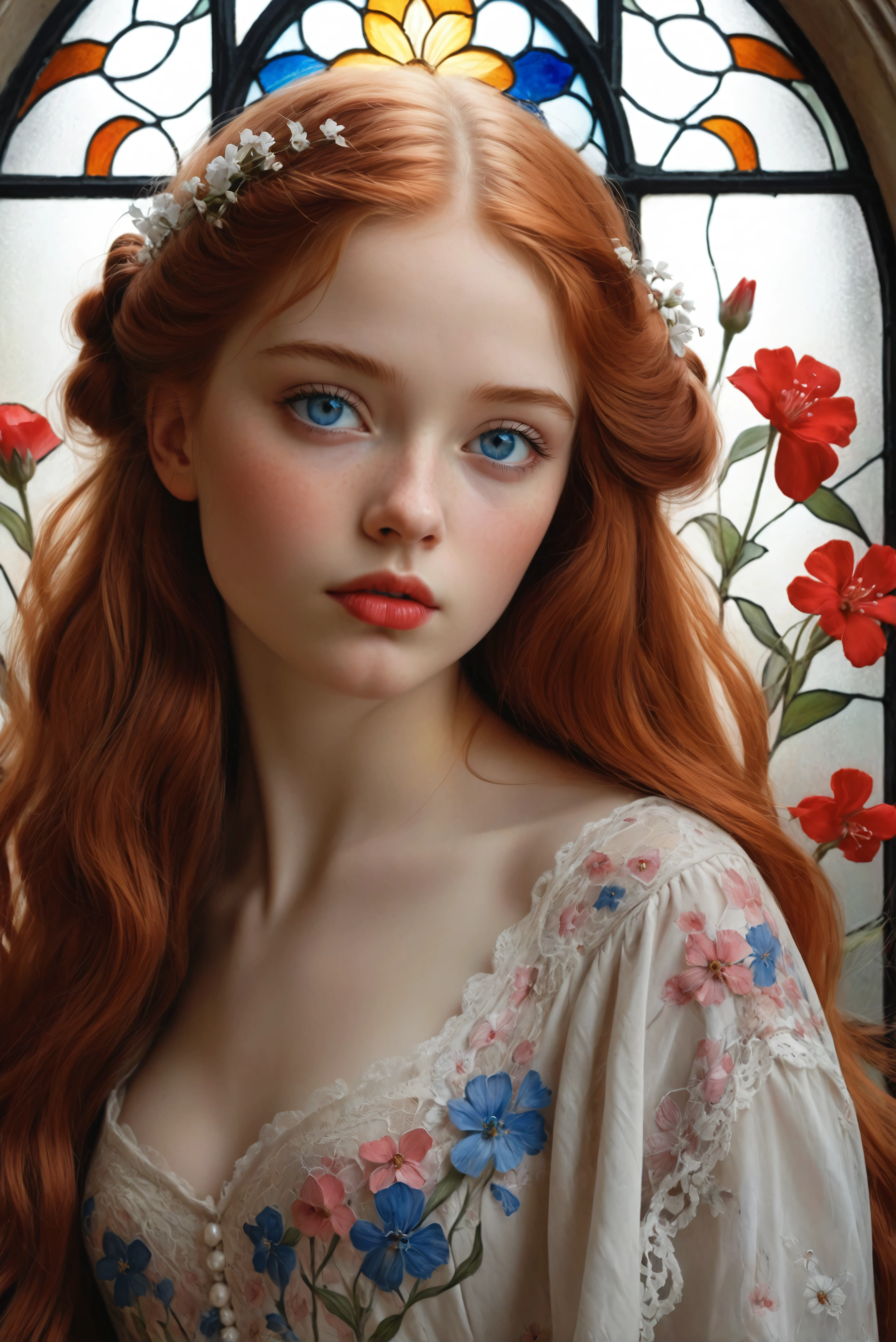 A work of art, Beautiful girl, 20 years old, pencil drawing in pastel tones, stained glass background with blurred flowers, delicate face,
pale, blush and lipstick, blue eyes, full mouth, soft expression, long red hair, small delicate flowers in the hair, low-cut dress, lace, 19th century woman Victorian style, beautiful features, Vadim Kashin, James Gurney, Ink, splash art ", Amazing Beauty, royo, Behind, Hyper-detailed splash art, modern European ink painting,