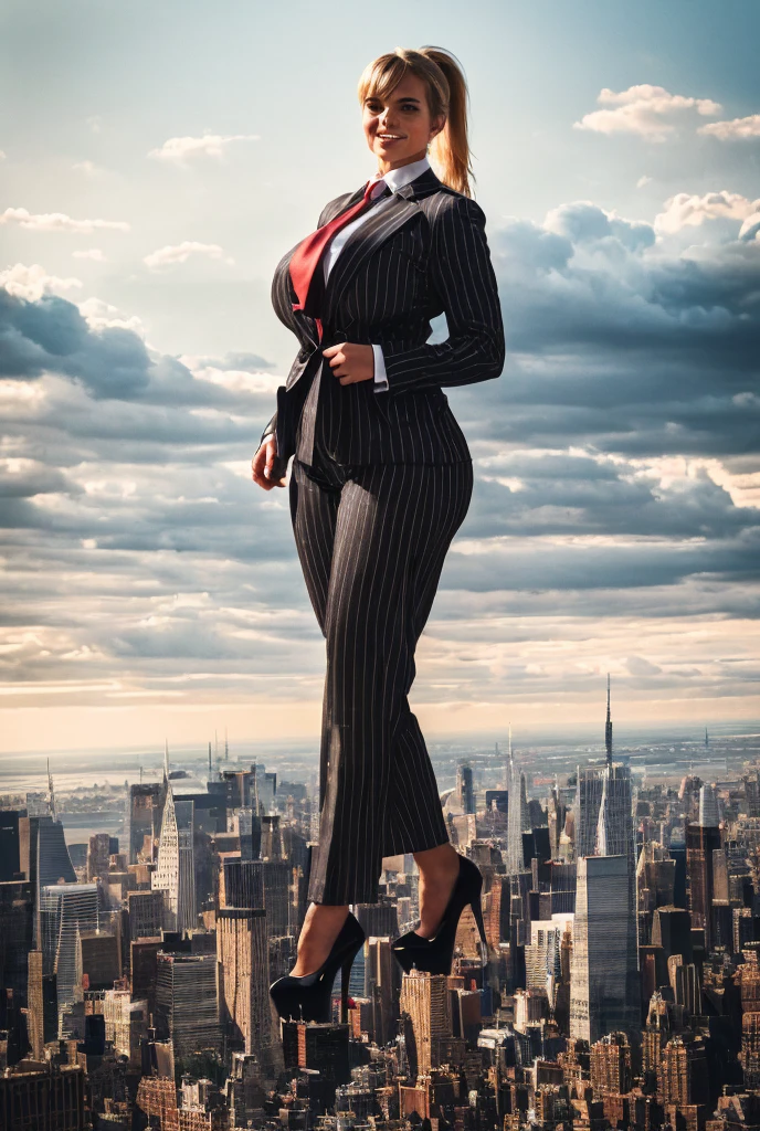 Young adult women beautiful curves a massive thighs blonde hair in a ponytail lipstick wearing a perfect perfect tailored grey pinstriped trouser suit and blazer, crisp white shirt and large broad red windsor knot tie,colossal breasts. Platform high heels , standing, giantess art, tie bar, highly detailed giantess shots, giantess, most detailed, perfect face, Two legs, Five fingers, short hair, A girl who is bigger than a skyscraper, standing on very small city new york, skyscarpers at their feet, skyscrapers small, smile, huge breasts, major metropolis, numerous cities, , A very small big city, Miniature metropolis, Full body description, GTS, giga giantess, gigagts, stomping city, crash city, tiny city, micro city, , High resolution, highest quality, masterpiece,  tiny destroyed skyscrapers city, illustration, skyscrapers size of small toys standing behind and very far away from city, (masterpiece, best quality, best shadows, best shading, perfect hands, perfect face, cinematic lighting, colorful, ultra-detailed, beautiful photography, character focus, extremely-detailed, photorealistic, hyper photorealism, atmospheric), ), (giantess, stereotypical office boss), (dirty, filthy, unwashed, sweaty, unkempt, happy, tired, exhausted, annoyed), ((walking, mid stride:1.2, stepping down on:1.2, stomping, crush, rampage)), (black patent Louboutin rounded toe pumps, high heels, platform heels), ((,)), ((long ponytail hair with front bangs)), (high altitude photography, satellite view), (curvy, , heaving bosom, legs), (mega city, urban sprawl, and small towns, buildings, roads), (((cloudy, overcast, clouds and atmosphere partly obscuring the subject:1.2, hazy atmosphere, haze in foreground, wispy clouds))) footprints warzone 