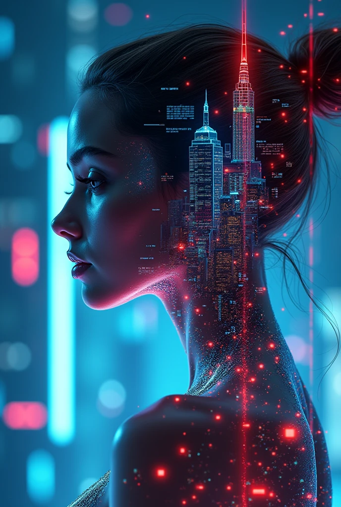 (masterpiece:1.2, Highest quality,Ultra-high resolution,Super detailed),8k,(wallpaper),Beautiful multiple exposure combining a beautiful female cyborg and a futuristic city,The background is a futuristic city lit up in neon,Creating the outline of the female cyborg&#39;s upper body,Sharp lines,Sharp Focus,Double Exposure,Full Color