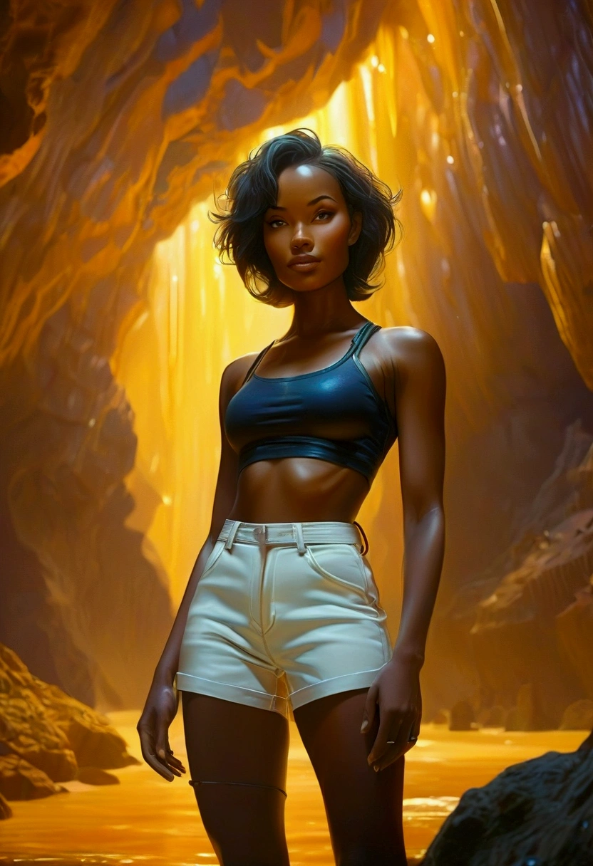 a sexy black woman, cropped beige tank top, toned stomach, torn denim pants, fishnet stockings, beautiful detailed eyes, beautiful detailed lips, extremely detailed face, long eyelashes, photorealistic, cinematic lighting, dramatic shadows, vibrant colors, masterpiece, 4k, hyper detailed