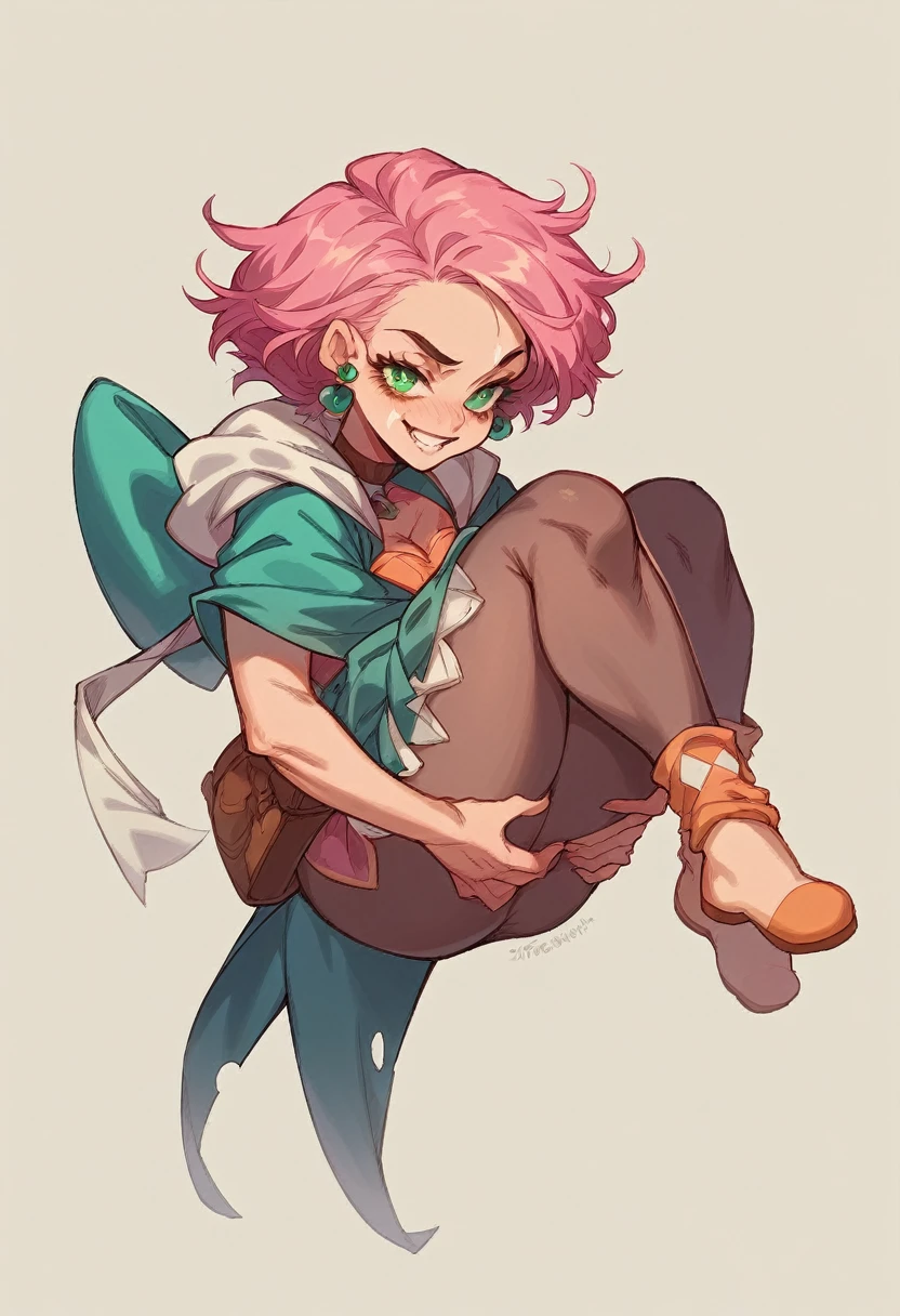 Tarlethia has a colorful and chaotic appearance., with pink hair in an asymmetrical style. She wears a Harlequin outfit with colorful diamond patterns.. She has bright green eyes that change color with her emotions.. She carries a big sledgehammer with her wherever she goes..