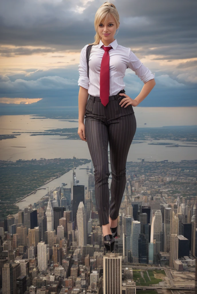 Young adult women beautiful curves a massive thighs blonde hair in a ponytail lipstick wearing a perfect perfect tailored grey pinstriped trouser suit and blazer, crisp white shirt and large broad red windsor knot tie,colossal breasts. Platform high heels , standing, giantess art, tie clip, highly detailed giantess shots, giantess, most detailed, perfect face, Two legs, Five fingers, short hair, A girl who is bigger than a skyscraper, standing on very small city new york, skyscarpers at their feet, skyscrapers small, smile, huge breasts, major metropolis, numerous cities, , A very small big city, Miniature metropolis, Full body description, GTS, giga giantess, gigagts, stomping city, crash city, tiny city, micro city, , High resolution, highest quality, masterpiece,  tiny destroyed skyscrapers city, illustration, skyscrapers size of small toys standing behind and very far away from city, (masterpiece, best quality, best shadows, best shading, perfect hands, perfect face, cinematic lighting, colorful, ultra-detailed, beautiful photography, character focus, extremely-detailed, photorealistic, hyper photorealism, atmospheric), ), (giantess, stereotypical office boss), (dirty, filthy, unwashed, sweaty, unkempt, happy, tired, exhausted, annoyed), ((walking, mid stride:1.2, stepping down on:1.2, stomping, crush, rampage)), (black patent Louboutin rounded toe pumps, high heels, platform heels), ((,)), ((long ponytail hair with front bangs)), (high altitude photography, satellite view), (curvy, , heaving bosom, legs), (mega city, urban sprawl, and small towns, buildings, roads), (((cloudy, overcast, clouds and atmosphere partly obscuring the subject:1.2, hazy atmosphere, haze in foreground, wispy clouds))) footprints warzone 