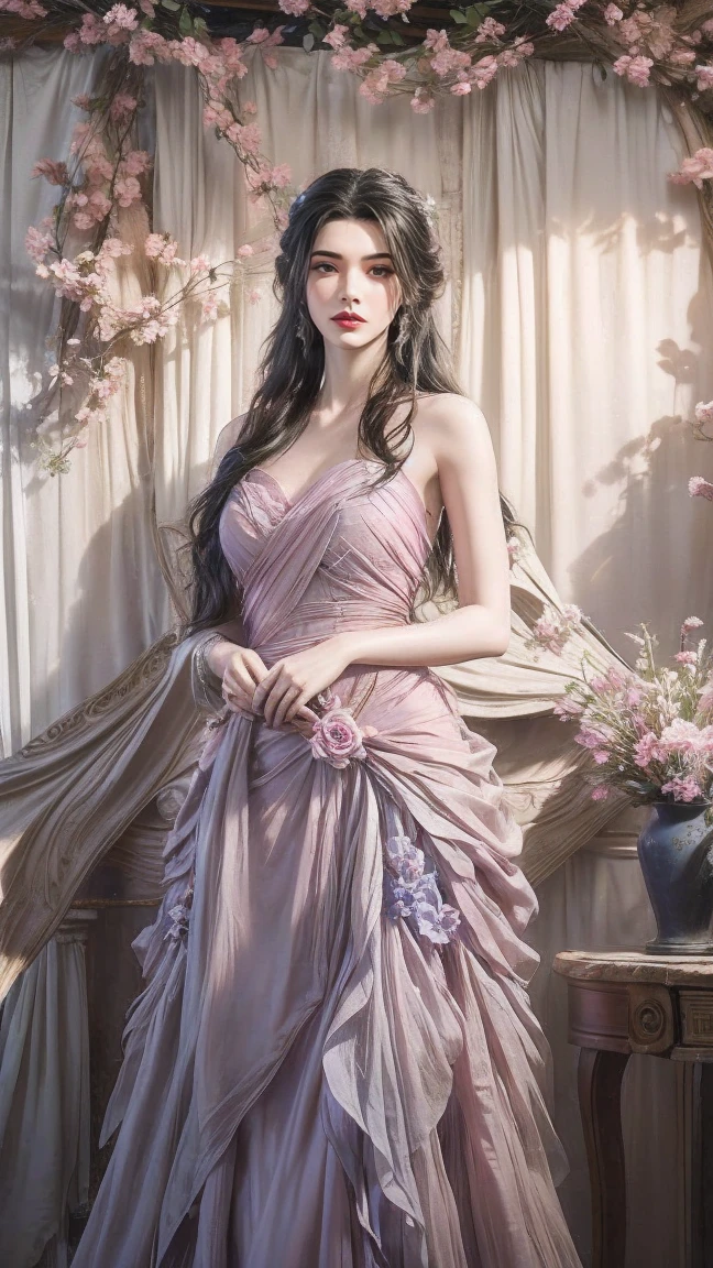 A woman with long dark black hair, wearing a blue strapless dress adorned with pink flowers and butterflies. The woman's dress is adorned with a beige scarf draped over her shoulders, adding a touch of color to the scene. The backdrop is a vibrant array of pink and purple flowers, with green leaves, stems, and green leaves. Adjacent to the doll, a white curtain is draped in the background, adding depth to the composition.