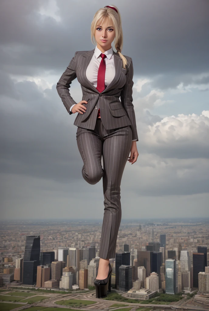 Young adult women beautiful curves a massive thighs blonde hair in a ponytail lipstick wearing a perfect perfect tailored grey pinstriped trouser suit and blazer, crisp white shirt and large broad red windsor knot tie,colossal breasts. Platform high heels , standing, giantess art, tie clip, highly detailed giantess shots, giantess, most detailed, perfect face, Two legs, Five fingers, short hair, A girl who is bigger than a skyscraper, standing on very small city new york, skyscarpers at their feet, skyscrapers small, smile, huge breasts, major metropolis, numerous cities, , A very small big city, Miniature metropolis, Full body description, GTS, giga giantess, gigagts, stomping city, crash city, tiny city, micro city, , High resolution, highest quality, masterpiece,  tiny destroyed skyscrapers city, illustration, skyscrapers size of small toys standing behind and very far away from city, (masterpiece, best quality, best shadows, best shading, perfect hands, perfect face, cinematic lighting, colorful, ultra-detailed, beautiful photography, character focus, extremely-detailed, photorealistic, hyper photorealism, atmospheric), ), (giantess, stereotypical office boss), (dirty, filthy, unwashed, sweaty, unkempt, happy, tired, exhausted, annoyed), ((walking, mid stride:1.2, stepping down on:1.2, stomping, crush, rampage)), (black patent Louboutin rounded toe pumps, high heels, platform heels), ((,)), ((long ponytail hair with front bangs)), (high altitude photography, satellite view), (curvy, , heaving bosom, legs), (mega city, urban sprawl, and small towns, buildings, roads), (((cloudy, overcast, clouds and atmosphere partly obscuring the subject:1.2, hazy atmosphere, haze in foreground, wispy clouds))) footprints warzone 