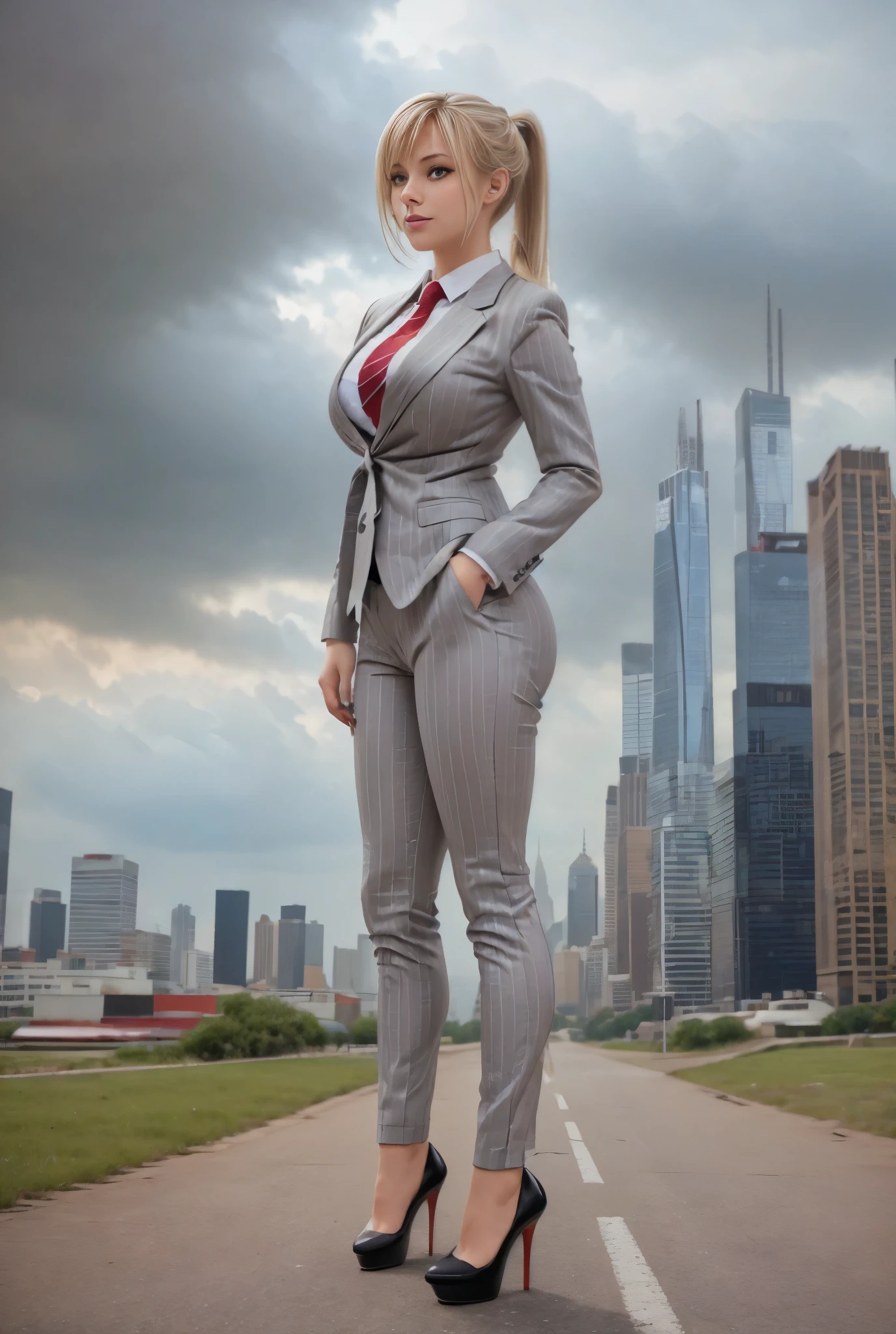 Young adult women beautiful curves a massive thighs blonde hair in a ponytail lipstick wearing a perfect perfect tailored grey pinstriped trouser suit and blazer, crisp white shirt and large broad red windsor knot tie,colossal breasts. Platform high heels , standing, giantess art, tie clip, highly detailed giantess shots, giantess, most detailed, perfect face, Two legs, Five fingers, short hair, A girl who is bigger than a skyscraper, standing on very small city new york, skyscarpers at their feet, skyscrapers small, smile, huge breasts, major metropolis, numerous cities, , A very small big city, Miniature metropolis, Full body description, GTS, giga giantess, gigagts, stomping city, crash city, tiny city, micro city, , High resolution, highest quality, masterpiece,  tiny destroyed skyscrapers city, illustration, skyscrapers size of small toys standing behind and very far away from city, (masterpiece, best quality, best shadows, best shading, perfect hands, perfect face, cinematic lighting, colorful, ultra-detailed, beautiful photography, character focus, extremely-detailed, photorealistic, hyper photorealism, atmospheric), ), (giantess, stereotypical office boss), (dirty, filthy, unwashed, sweaty, unkempt, happy, tired, exhausted, annoyed), ((walking, mid stride:1.2, stepping down on:1.2, stomping, crush, rampage)), (black patent Louboutin rounded toe pumps, high heels, platform heels), ((,)), ((long ponytail hair with front bangs)), (high altitude photography, satellite view), (curvy, , heaving bosom, legs), (mega city, urban sprawl, and small towns, buildings, roads), (((cloudy, overcast, clouds and atmosphere partly obscuring the subject:1.2, hazy atmosphere, haze in foreground, wispy clouds))) footprints warzone 