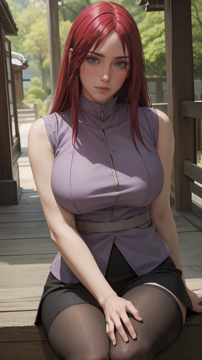 (masterpiece:1.2, realistic 1.5, best quality:1.2, beautiful, high quality, highres:1.1), detailed, extremely detailed 4K, perfect eyes, perfect face, perfect lighting, (1girl, solo, adult female, mature female), thin, lithe body, 
karin, long red hair, red eyes, glasses, (big breasts), sitting
(Pale violet sleeveless shirt), black straight skirt, bike shorts under skirt, black stockings, combat gloves, 
(outside, trees, japanese village background:1.2), closed clothes, closed zipper shirt, ((((sensual seductive, busty)))) 