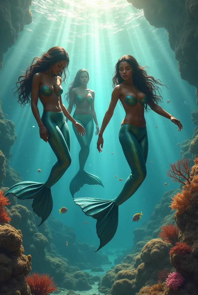 Ultra realistic digital painting of African mermaids with glimmering tails amidst a dark, mist-enshrouded lake, their beauty contrasting with a lurking sense of evil in a fantasy setting, stunning use of light and shadows, breathtaking surreal masterpiece.