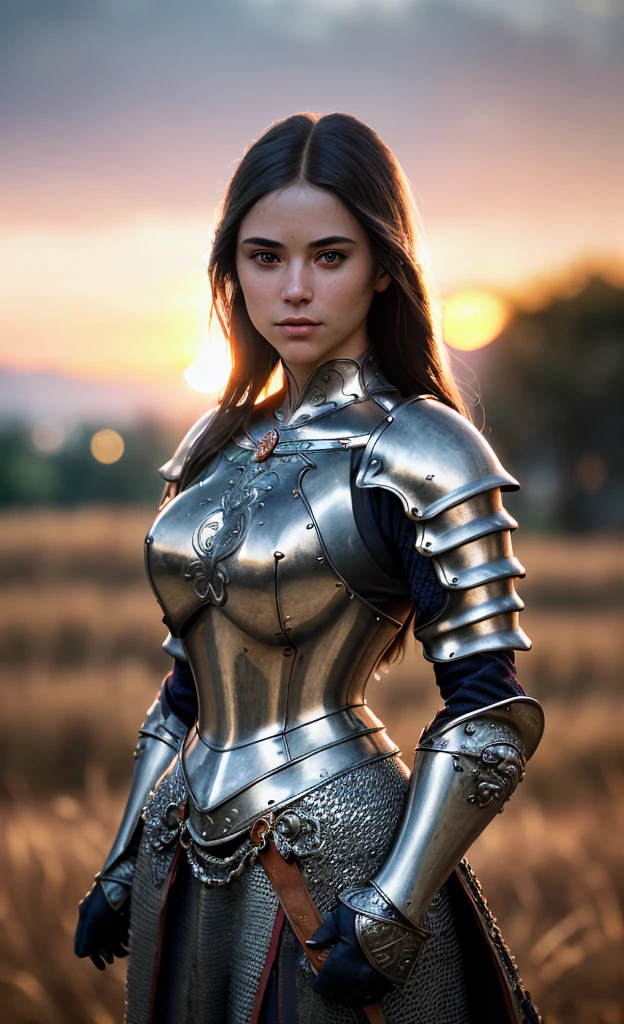 (masterpiece), (extremely intricate:1.3), (realistic), portrait of a girl, the most beautiful in the world, (medieval armor), metal reflections, upper body, outdoors, intense sunlight, far away castle, professional photograph of a stunning woman detailed, sharp focus, dramatic, award winning, cinematic lighting, octane render unreal engine, volumetrics dtx, (film grain, blurry background, blurry foreground, bokeh, depth of field, sunset, motion blur:1.3), chainmail