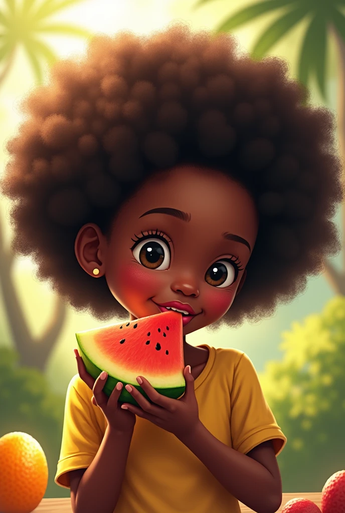 a little very black chubby toddler with a big Afro eating a slice of watermelon in a watermelon patch