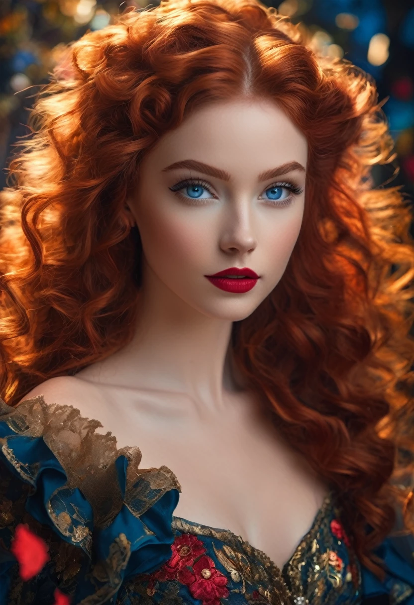 "A young woman in her 20s with a captivating gaze. Her crystal blue eyes are framed by long, well-shaped eyebrows. A vibrant red mouth complements the glowing skin of her face. Her long red hair, falling in defined curls in one side of the head, are highlighted by a soft light emanating from behind. She wears a black floral tulle dress with golden threads, with many detailed ruffles and exposed shoulders that highlight the scene, in the highest quality, UHD.
