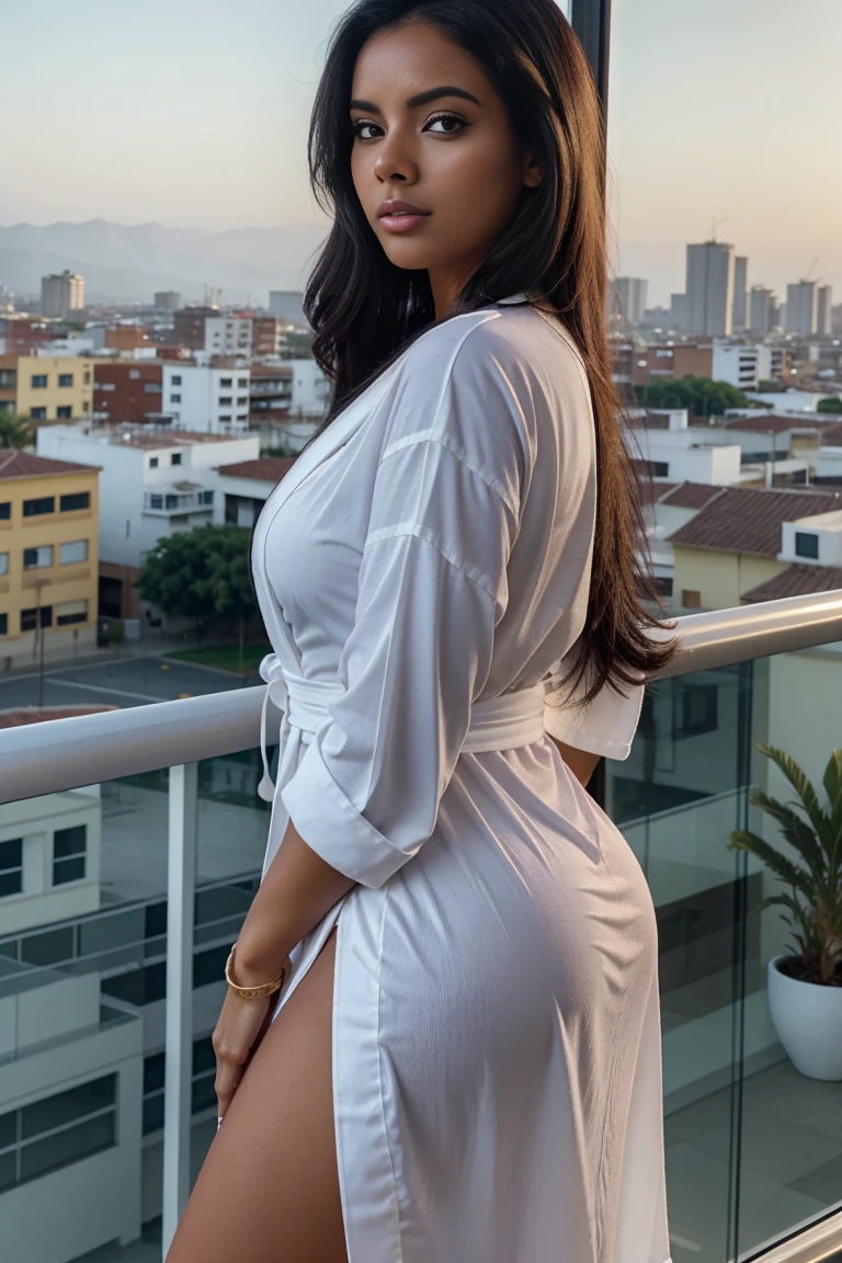 A close-angle shot of Marianna standing on a balcony in the early morning, dressed in a simple white robe. The soft light of dawn highlights her calm expression as she gazes out at the city below, creating a peaceful, intimate vibe.., a picture by Ric Estrada, instagram, arabesque,black skin color ,black skin tone , violet myers, gorgeous latina face, colombian,african,extremely black skin tone, alone gorgeous latin african woman, looks like laura barriales, karla ortiz, latina, great view,dark chocolate skin tone,black skin tone, latinas, sexy hot body, angelawhite, stunning view, sexy girl