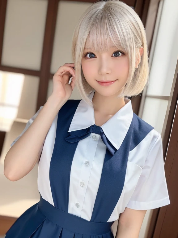 NSFW,Correct human anatomy,A young beautiful Japanese girl with short platinum silver hair,(足を開いてヴァギナを見せた:2.0),large clear eyes,droppy eyes,a balanced gaze,and a sweet smile,(wearing a detailed stewardess uniform:1.25),highly detailed and realistic,8k,ultra-detailed,photorealistic,masterpiece,Highres fix