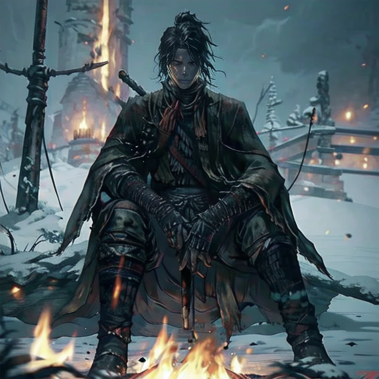 1man, only, Elden Ring, meditating with a torch, sitting by the fire, transmitted by blood, Dark souls, (((SEKIRO shadows die twice))),