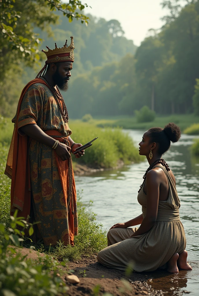 Create an epic story poster of a black girl with long hair and in native clothing with a white Caucasian man with a worn out soldier uniform meeting each other but he's looking at her while she's standing far away looking at him