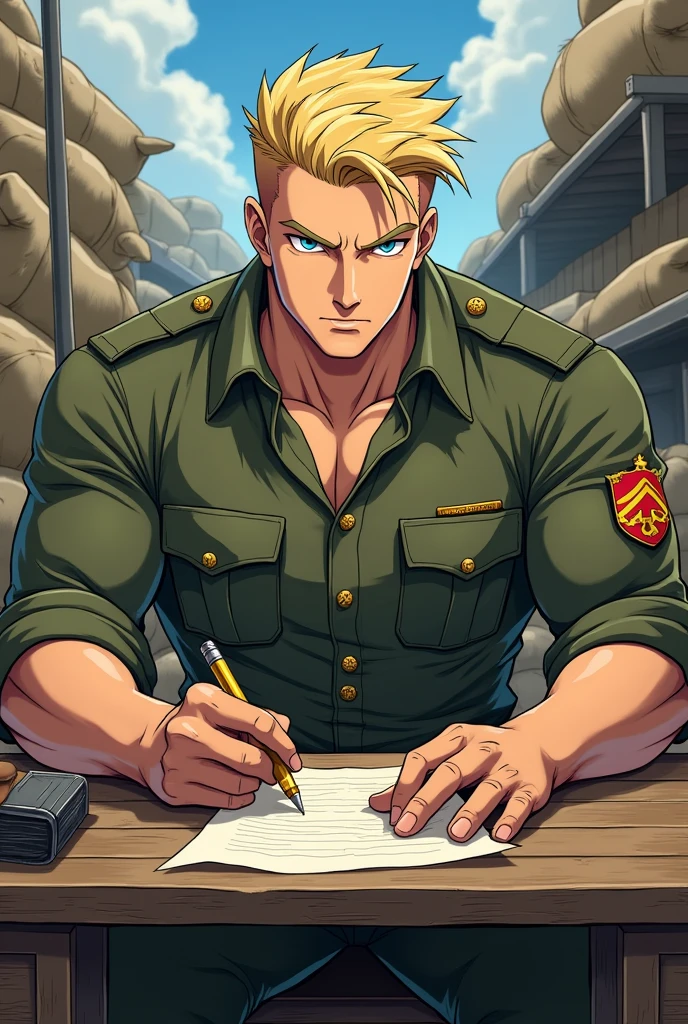 masterpiece, best quality, <lora:Guile-10:0.8> Guile, blond hair, beard, blue eyes, shoulder tattoo, green tank top, sleeveless, collar bone, belt, muscular, sunglasses, squatting, from side, serious, furrowed brow, from above, fists, fighting stance
