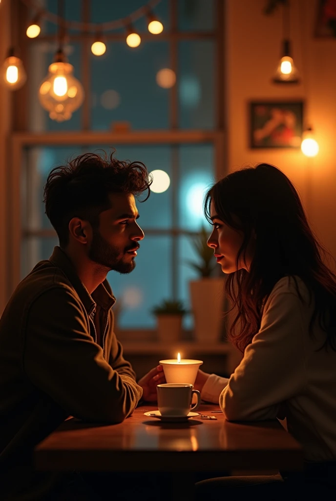 A tall man with curly dark hair and a chubby woman with brown and dark hair in a bar, The drunk man pissed and the woman caring.