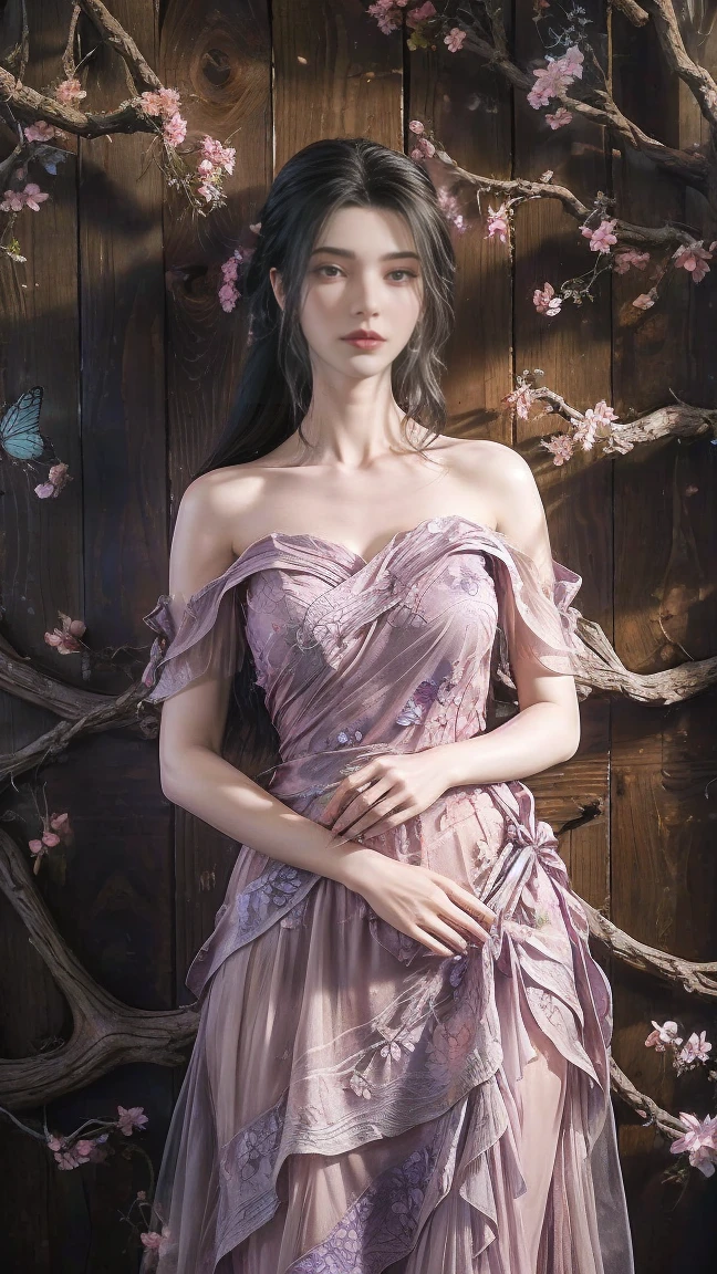 A woman with long dark black hair, wearing a blue strapless dress adorned with pink flowers and butterflies. The woman's dress is adorned with a beige scarf draped over her shoulders, adding a touch of color to the scene. The backdrop is a vibrant array of pink and purple flowers, with green leaves, stems, and green leaves. Adjacent to the doll, a white curtain is draped in the background, adding depth to the composition.