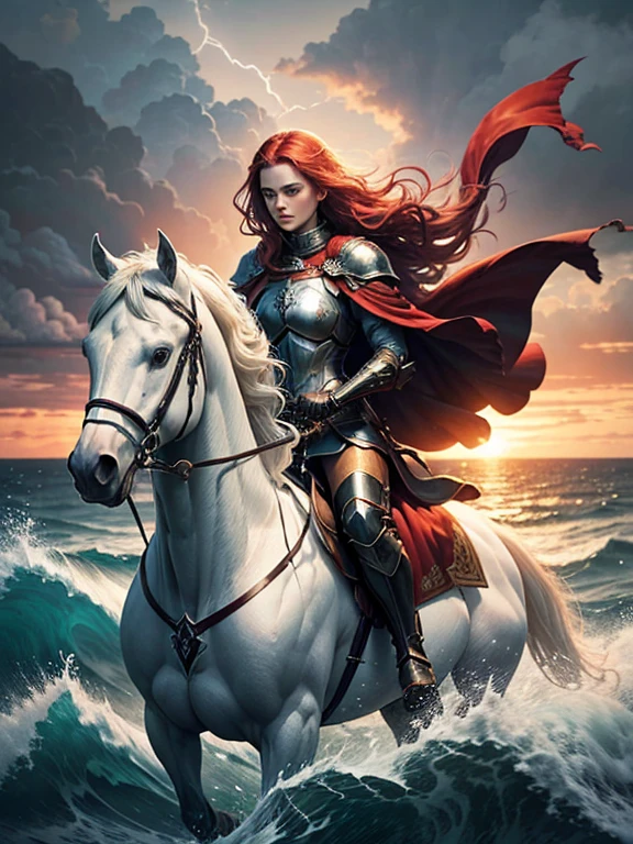 Surreal artwork of a celestial knight riding a white horse flying over the sea, a red-caped warrior on an ancient column immersed in the abstract, swirling waves of the sea, her long red cape with bright golden locks floating in the stormy air as the spectacular setting sun in the west paints the sky. with red clouds, Dark clouds intertwined with lightning and a gentle drizzle, watercolor style masterpiece with swirl effect creating a stormy sky, breastplate and sword in the warrior&#39;s hands, ancient greek city blurred in the distance, ancient city in the fog, lighthouse shining, lighthouse lights up the sea, celestial warrior with diadem and sword, an ancient column immersed in the abstract, swirling waves of the sea, cape waving in the stormy air as the spectacular setting sun paints the sky. with red clouds, Dark clouds intertwined with lightning and a gentle drizzle, distant, blurred silhouettes of other pilots, a shining beacon, the lighthouse lights up the sea, A realistic oil painting, a warrior god dressed in golden jewelry, many evil orcs on land drowning in the sea, return of the messiah, luminescent face, face radiates light, face blurred by too much light, army blurred in the clouds, face covered in light, ancient greek city blurred in the distance, ancient city in the fog, lighthouse shining, the lighthouse lights up the sea, distant, blurred silhouettes of other pilots, orcs on land drowning in the sea,