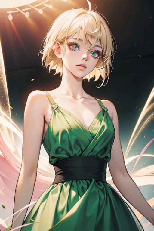 masterpiece, best quality, very beautiful, 1個girl, alone, Yellow hair,short hair, Sirmon 16A, Pure green dress,Look at the sky, White background, Simple background,full-body shot,sapphire necklace,girl,Girl