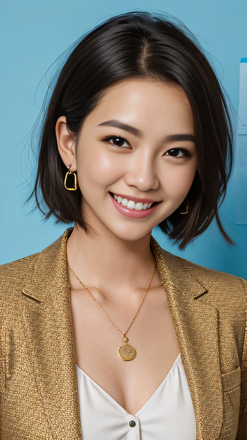 RAW Photos, High resolution, Very detailed, Intricate details, 、ear piercing、、short hair、Black Hair、、Office Lady Suits 、Jacket、shirt、smile、Beautiful teeth alignment、Necklace around the neck、, The background is the office
