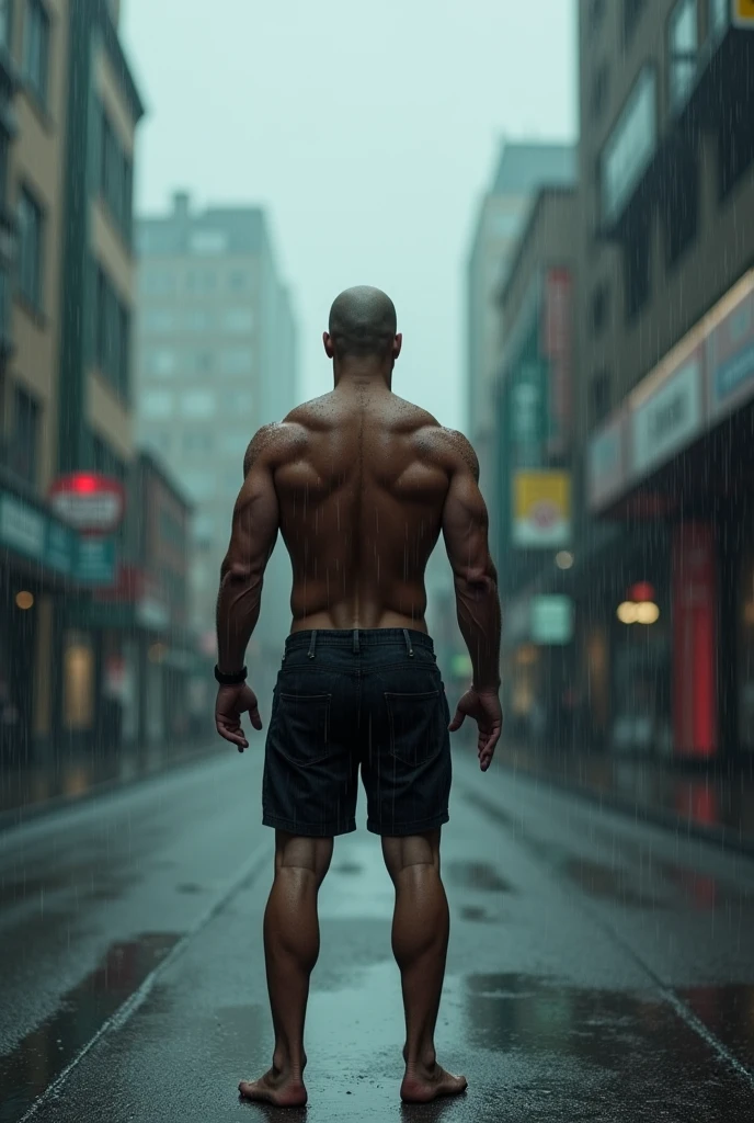 A photorealistic image of the rear view of'a naked male bodybuilder with a shaved head and a full beard, marcher dans le vide, concrete corridor with a foggy and steamy atmosphere, brightly lit by dozens of white neon lights. The entire floor is completely covered with 2 centimeters of'eau, creating a clear reflection of his silhouette amidst the fog and steam. The intense light source in front of him casts intense lighting on him., avec l'eau sur le sol rehaussant son reflet, adding to a dramatic and intense scene filled with depth and complexity.
