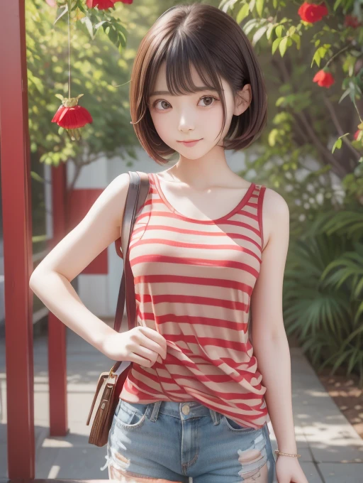 Red eyes, girl, I have a wallet, A red striped shirt with thick stripes, Red eyesが赤く光る, Tilt your head, Short brown hair、mushroom head, With a bright smile on his face, Character, Second Dimension, Golden flowers with a line of light overhead々standing between