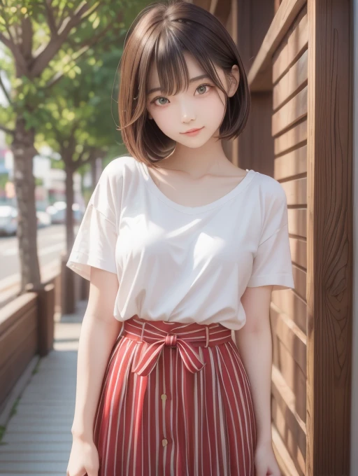 Red eyes, girl, I have a wallet, A red striped shirt with thick stripes, Red eyesが赤く光る, Tilt your head, Short brown hair、mushroom head, With a bright smile on his face, Character, Second Dimension, Golden flowers with a line of light overhead々standing between