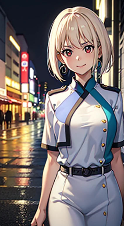 Anime Women, Black and white outfit with aqua blue details, Light blue hair, (Golden dragon eye) Standing in the rain, Night Street, photoRealistic, Cinema Lighting (Highest quality:1.2),Ultra-detailed,(photoRealistic:1.37), Neon Light, Vibrant colors,Bokeh,[Realistic], A grin on the mouth, Earrings, Abdominal muscles, (Look up at the camera), ((face Earrings)), sight, 4K, particle, Combat Uniform, White clothes, badge, Biopunk, Waist Holder 