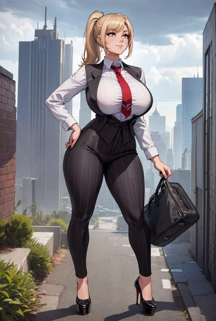 Young adult women beautiful curves a massive thighs blonde hair in a ponytail lipstick wearing a perfect perfect tailored grey pinstriped trouser suit and blazer, crisp white shirt and large broad red windsor knot tie,colossal breasts. Platform high heels , standing, giantess art, tie clip, highly detailed giantess shots, giantess, most detailed, perfect face, Two legs, Five fingers, short hair, A girl who is bigger than a skyscraper, standing on very small city new york, skyscarpers at their feet, skyscrapers small, smile, huge breasts, major metropolis, numerous cities, , A very small big city, Miniature metropolis, Full body description, GTS, giga giantess, gigagts, stomping city, crash city, tiny city, micro city, , High resolution, highest quality, masterpiece,  tiny destroyed skyscrapers city, illustration, skyscrapers size of small toys standing behind and very far away from city, (masterpiece, best quality, best shadows, best shading, perfect hands, perfect face, cinematic lighting, colorful, ultra-detailed, beautiful photography, character focus, extremely-detailed, photorealistic, hyper photorealism, atmospheric), ), (giantess, stereotypical office boss), (dirty, filthy, unwashed, sweaty, unkempt, happy, tired, exhausted, annoyed), ((walking, mid stride:1.2, stepping down on:1.2, stomping, crush, rampage)), (black patent Louboutin rounded toe pumps, high heels, platform heels), ((,)), ((long ponytail hair with front bangs)), (high altitude photography, satellite view), (curvy, , heaving bosom, legs), (mega city, urban sprawl, and small towns, buildings, roads), (((cloudy, overcast, clouds and atmosphere partly obscuring the subject:1.2, hazy atmosphere, haze in foreground, wispy clouds))) footprints warzone 