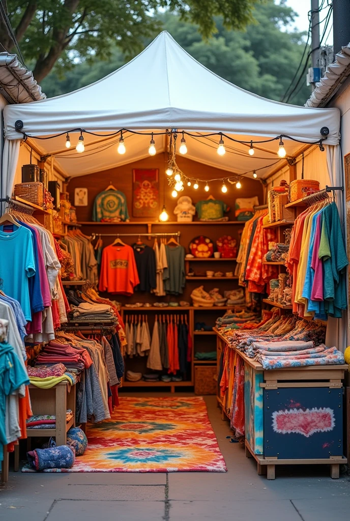 A shop selling products related to tie-dye art from around the world. Orange, yellow, red, blue, cream, white-blue, white-green, yellow-orange. It is a bright and cheerful shop in a 4-meter wide, moderately large, white-cream gable tent. There is only one shop. There are shelves for clothes, clothes racks, hangers, and bag hangers. Inside, there are warm-colored vintage light bulbs that provide bright light in the shop, allowing the colors to be clearly seen. There are many products made from tie-dye fabrics, such as jackets, shirts, Hawaiian shirts, leggings, long pants, handkerchiefs, hats, cloth bags, and scarves. Everything is made from tie-dye. The various colors mixed together look very beautiful. , The shop is located on the sidewalk on the side of the road.,People walked in groups to view the merchandise. , Masterpiece,  Super Detailed, 