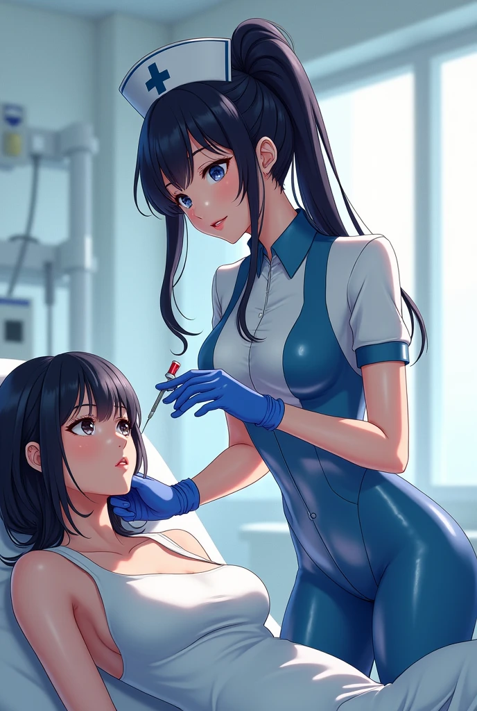 1boy, 2girls, square haircut, surgical gloves, ((doctor outfit)), (((surgeon outfit))), ((long sleeves)), ((elbow gloves)), erection, gloved handjob, gloves, handjob, hetero, indoors, latex, latex gloves, looking at viewer, (doctor), penis, pov, uncensored