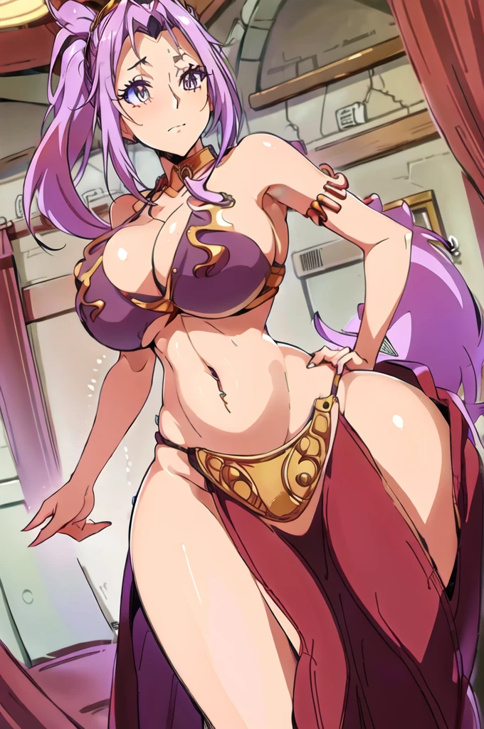 Long purple hair, looking at viewer, blushing, embrassed, (((wide hips))) (((huge ass))) (((huge breasts))) (((pelvic curtain)))BREAK slave, purple slave bikini, belly button piercing, navel, cleavage, looking at viewer,
BREAK indoors, palace 
(masterpiece:1.2), best quality, high resolution, unity 8k wallpaper, illustration:0.8), (beautiful detailed eyes:1.6), extremely detailed face, perfect lighting, extremely detailed CG, (perfect hands, perfect anatomy),