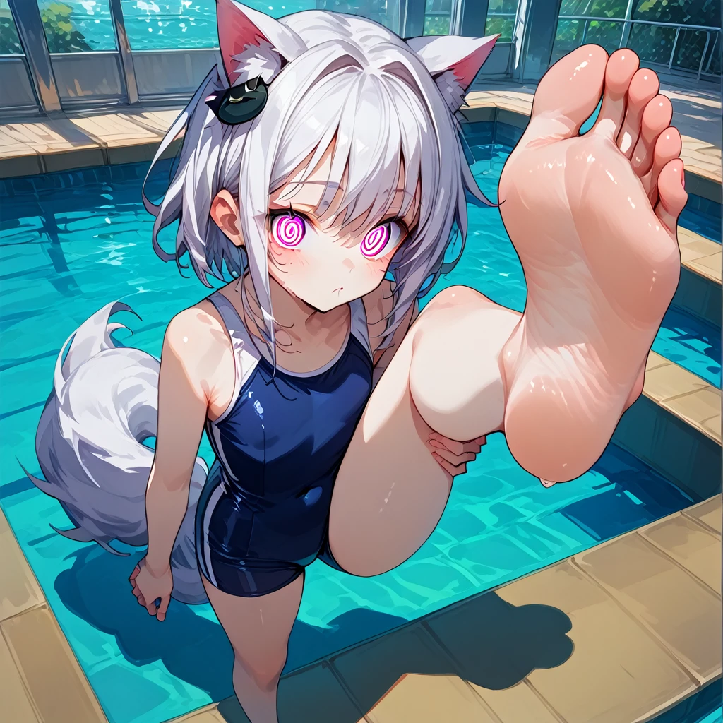 score_9,score_8_up,score_7_up,score_6_up,score_5_up, swim suit, indoor swimming pool hall,,Koneko Toujou from Highscool DxD, Solitary,Looking at the audience,white hair, catgirl, indoors,barefoot,Foot Focus,hypno feet, hypnotic, spiral eyes, Koneko Toujou from Highschool DxD tries to hypnotize viewer with soles of feet, possessive, mind control, brainwash, flat breast, short hair, cute catgirl, standing and show foot,shanding and show sole,standing on one leg,foot focus,sole,barefoot,no shoes,