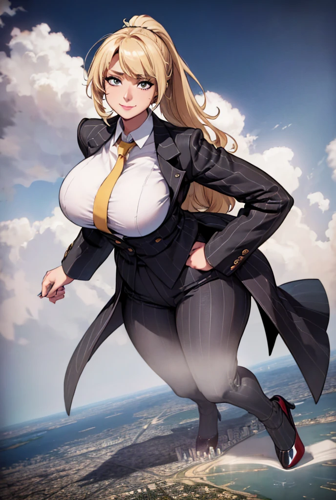 Young adult women beautiful curves a massive thighs blonde hair in a ponytail lipstick wearing a perfect perfect tailored grey pinstriped trouser suit and blazer, crisp white shirt and large broad yellow windsor knot tie,colossal breasts. Platform high heels , standing, giantess art, tie clip, highly detailed giantess shots, giantess, most detailed, perfect face, Two legs, Five fingers, short hair, A girl who is bigger than a skyscraper, standing on very small city new york, skyscarpers at their feet, skyscrapers small, smile, huge breasts, major metropolis, numerous cities, , A very small big city, Miniature metropolis, Full body description, GTS, giga giantess, gigagts, stomping city, crash city, tiny city, micro city, , High resolution, highest quality, masterpiece,  tiny destroyed skyscrapers city, illustration, skyscrapers size of small toys standing behind and very far away from city, (masterpiece, best quality, best shadows, best shading, perfect hands, perfect face, cinematic lighting, colorful, ultra-detailed, beautiful photography, character focus, extremely-detailed, photorealistic, hyper photorealism, atmospheric), ), (giantess, stereotypical office boss), (dirty, filthy, unwashed, sweaty, unkempt, happy, tired, exhausted, annoyed), ((walking, mid stride:1.2, stepping down on:1.2, stomping, crush, rampage)), (black patent Louboutin rounded toe pumps, high heels, platform heels), ((,)), ((long ponytail hair with front bangs)), (high altitude photography, satellite view), (curvy, , heaving bosom, legs), (mega city, urban sprawl, and small towns, buildings, roads), (((cloudy, overcast, clouds and atmosphere partly obscuring the subject:1.2, hazy atmosphere, haze in foreground, wispy clouds))) footprints warzone 