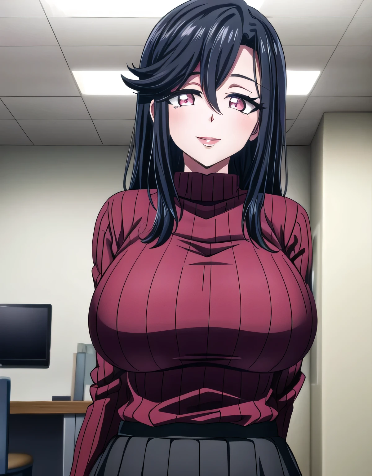 saori_ohtori,long hair,saori_ohtori,black hair,(pink eyes),sensitive smile,hair between eyes,lipstick,lips,(shiny red ribbed sweater:1.1),shiny black skirt,(large breasts:1.55),(shiny,hair),((solo)),((masterpiece)),((best quality)),perfect anatomy,slim waist,perfect image,8k UHD,(beautiful detailed eyes:1.5),extremely detailed face,standing,(upper body:1.25),(look at the front:1.5),arms behindback,ultra-detailed,absurdres,ultra-highres,officeroom,indoor,