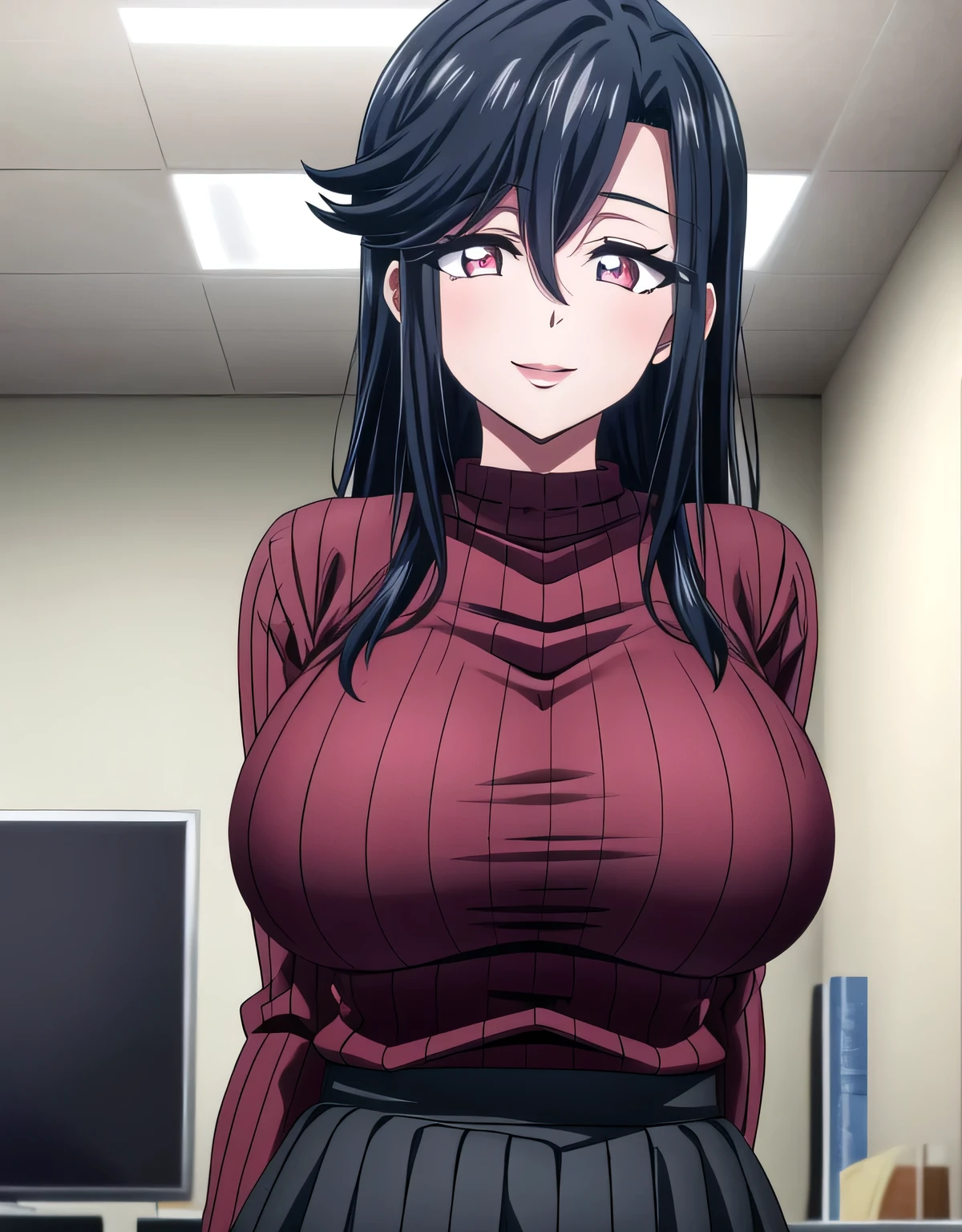 saori_ohtori,long hair,saori_ohtori,black hair,(pink eyes),sensitive smile,hair between eyes,lipstick,lips,(shiny red ribbed sweater:1.1),shiny black skirt,(large breasts:1.55),(shiny,hair),((solo)),((masterpiece)),((best quality)),perfect anatomy,slim waist,perfect image,8k UHD,(beautiful detailed eyes:1.5),extremely detailed face,standing,(upper body:1.25),(look at the front:1.5),arms behindback,ultra-detailed,absurdres,ultra-highres,officeroom,indoor,