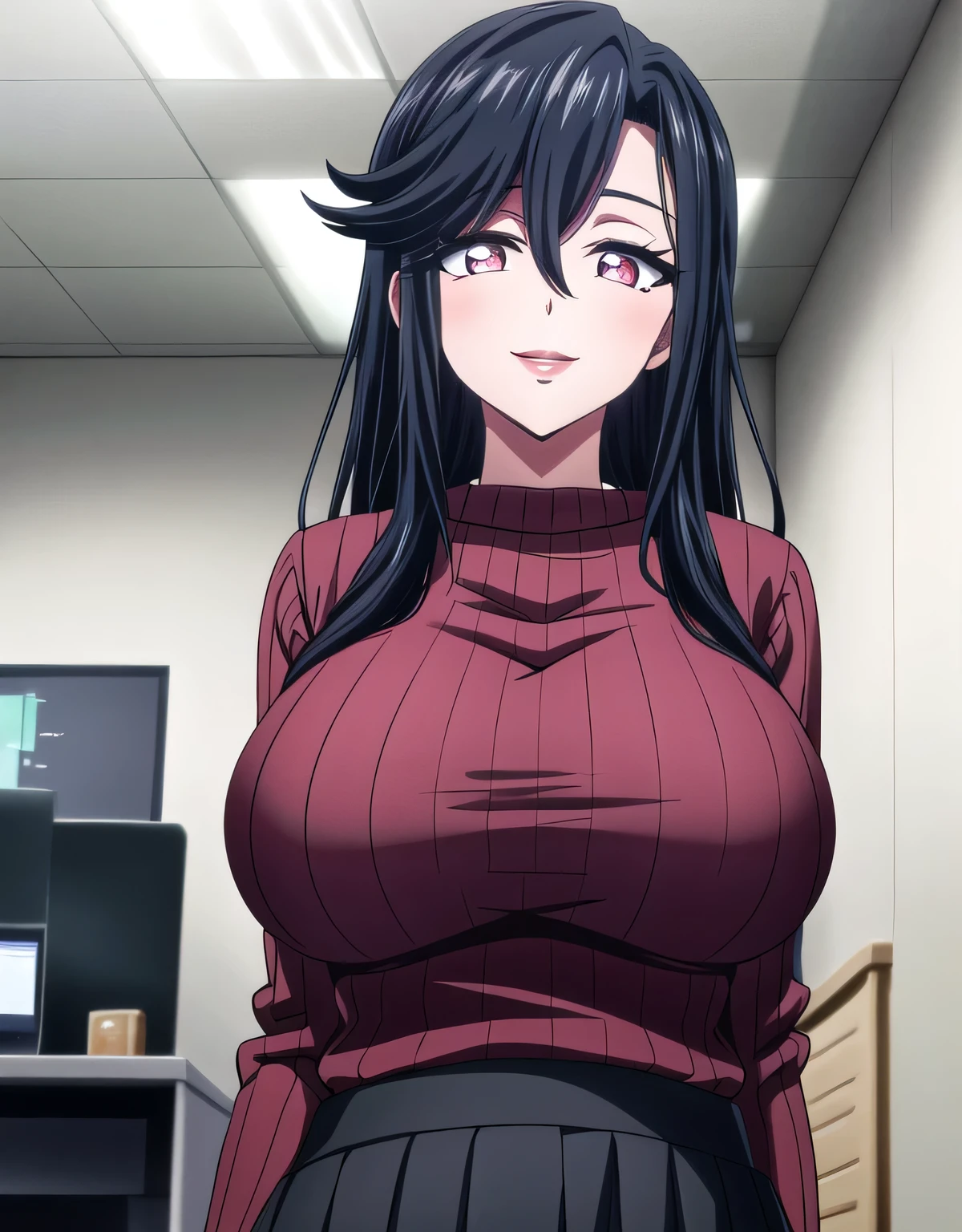 saori_ohtori,long hair,saori_ohtori,black hair,(pink eyes),sensitive smile,hair between eyes,lipstick,lips,(shiny red ribbed sweater:1.1),shiny black skirt,(large breasts:1.55),(shiny,hair),((solo)),((masterpiece)),((best quality)),perfect anatomy,slim waist,perfect image,8k UHD,(beautiful detailed eyes:1.5),extremely detailed face,standing,(upper body:1.25),(look at the front:1.5),arms behindback,ultra-detailed,absurdres,ultra-highres,officeroom,indoor,