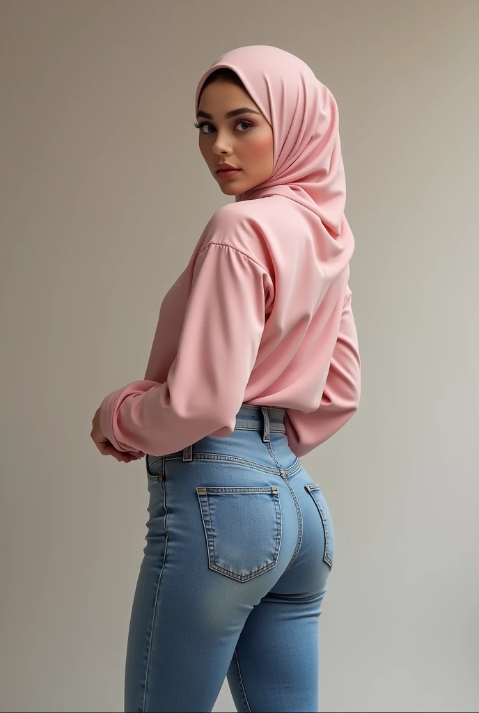 Rear View of Muslim woman with hourglass shaped body wearing a hijab and tight jeans.