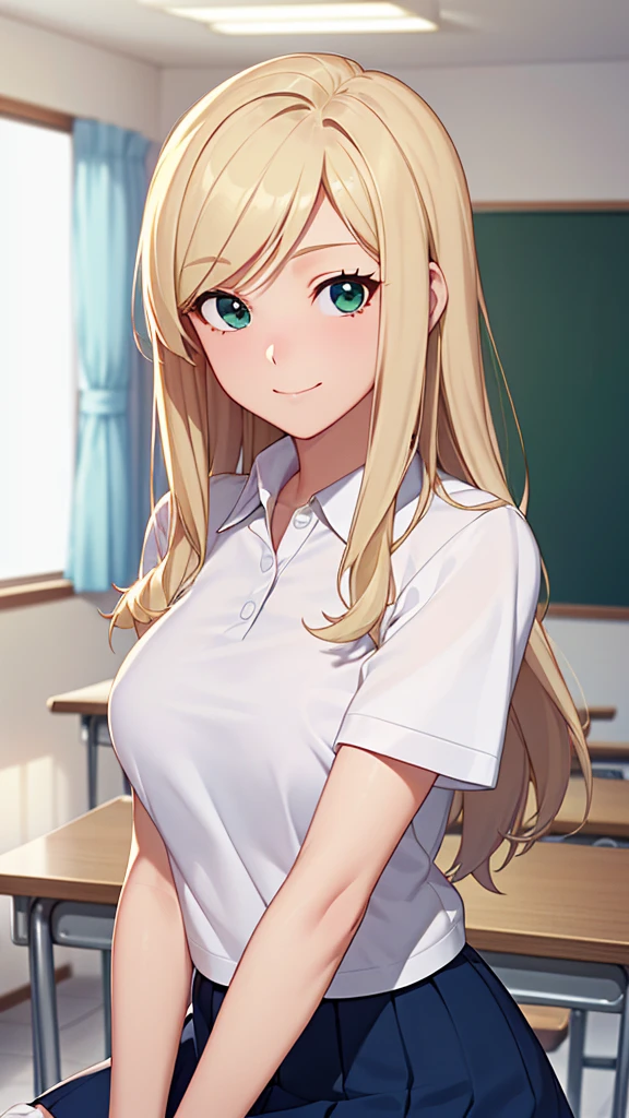 ((masterpiece, Highest quality, High resolution, 超High resolution, Pixel perfect, Depth of written boundary, 4K, RTTX 10.0, High resolution))), ((One person, single, alone,))Beautiful Anime, Beautiful art style, Anime characters, ((Long Hair, Parted bangs, Blonde)、straight hair), (Green Eyes:1.4, Round eyes, Beautiful eyelashes, Realistic eyes), (Detailed face, ), (Smooth texture:0.75, Realistic texture:0.65, Realistic:1.2, Anime CG style), ( from front、top of head,),   Perfect body, Big Breasts, ((Polo shirt、Short sleeve、Navy Blue Skirt、White socks、)), smile, Open your mouth, classroom