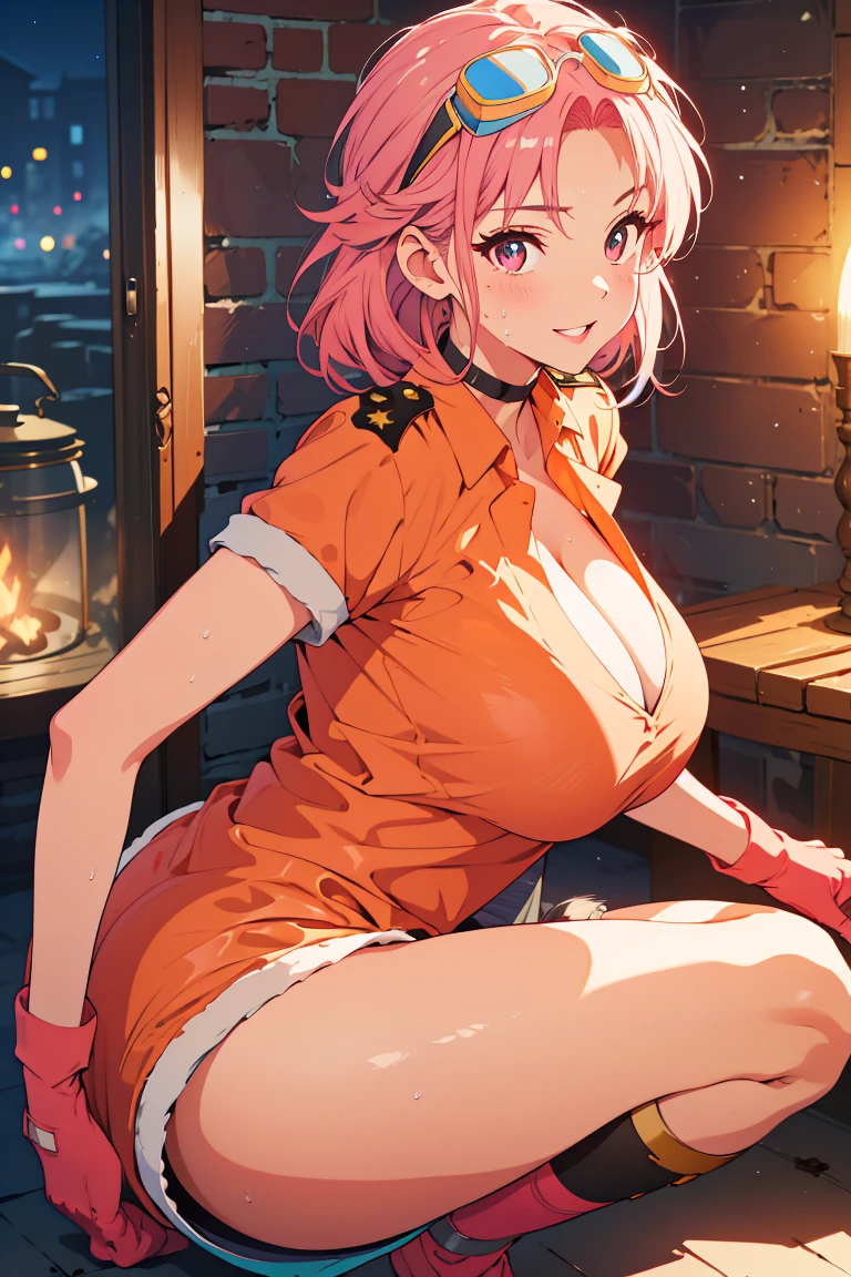 8k, cowboy shot, visual anime of a cute girl, best anime girl, Ecchi anime style, BREAK, plainMaam, medium hair, goggles on head, orange shirt, short sleeves, cleavage, Orange skirt, brown gloves, fingerless gloves seductive lady, detailed eyes and face, Defined tabs, eyeshadow, crystal clear eyes, detailed lips, beautiful detailed eyes,  big breasts, tits, voluptuous, light visible, BREAK,   long shiny hair, big breasts, High resolution, beautiful detailed eyes, extremely detailed face, good lighting, Detailed CG, bright lips, BREAK, squatting down trying to lift a large rock, BREAK, sweaty skin, in dynamic pose, smiling seductively at the viewer,  round butt, buttocks, turned,  BREAK, Smooth texture, thighs, feminine curves, perfect anatomy, Round tight ass and small crotch, Beautiful leg lines:1.3, thick thighs,  BREAK,  in a nightclub.