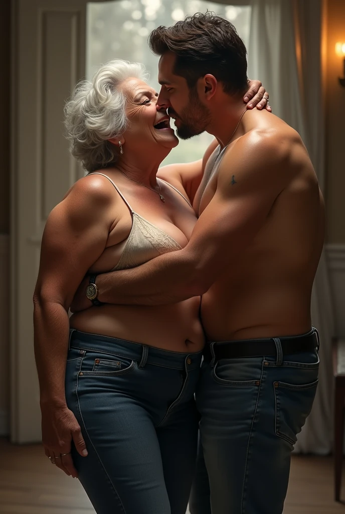 Handsome young man with six-pack abs takes off his clothes and takes a shower and hugs his grandmother.