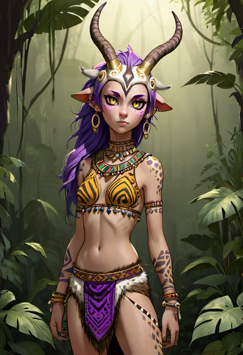  Furry girl, gazelle, narrowed eyes, light brown body fur with white spots, yellow eyes, purple hair, punk hairstyle, horns curved, medium breasts, ((tribal top, midriff, tribal loincloth)), detailed body fur, detailed face, detailed eyes, glistering body, shiny body, gorgeous body, masterpiece, full body, feets with three toes, 3 toes, jungle, clear sky, full body, :3, skinny,