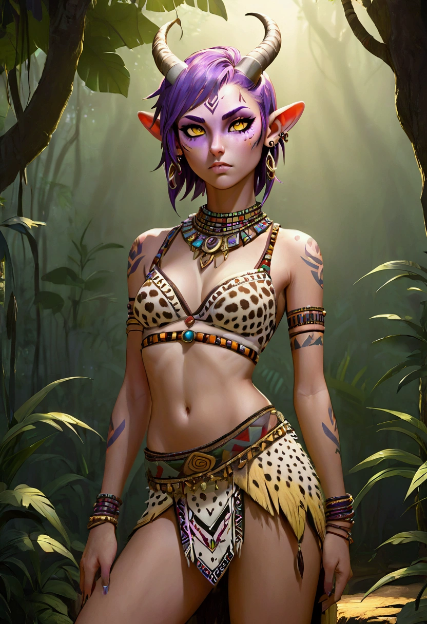  Furry girl, gazelle, narrowed eyes, light brown body fur with white spots, yellow eyes, purple hair, punk hairstyle, horns curved, medium breasts, ((tribal top, midriff, tribal loincloth)), detailed body fur, detailed face, detailed eyes, glistering body, shiny body, gorgeous body, masterpiece, full body, feets with three toes, 3 toes, jungle, clear sky, full body, :3, skinny,