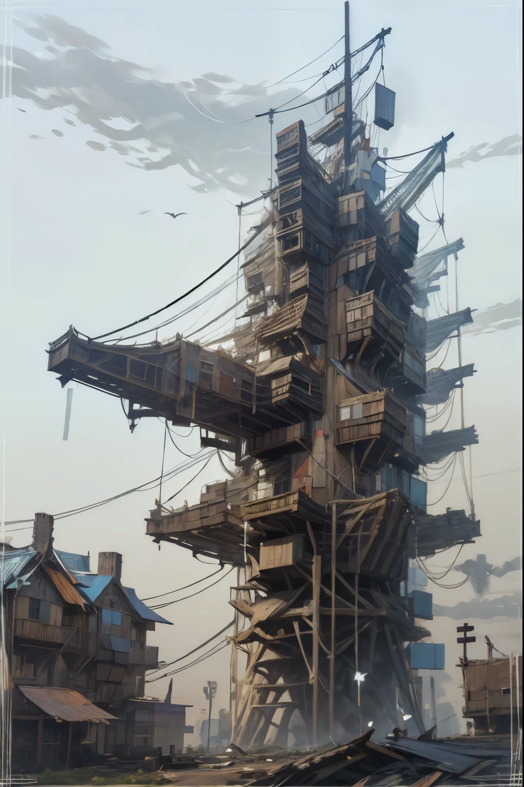 large hive city, powerlines stretching across the buildings, massive sails, wide shot, sails strewn across the sides, post apocalypse redevelopment