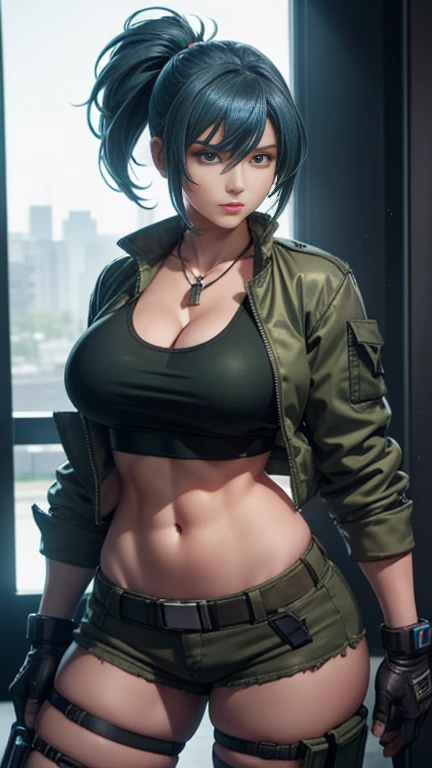 tmasterpiece, Best quality at best, A high resolution, 1girl, leona heidern, Blue hair, Blue eyes, pony tails, green shorts, cleavage，hason, crop top, Black gloves, large_breasts, army suit, Green jacket,  jewelry, nabel, huge tit, cow boy shot