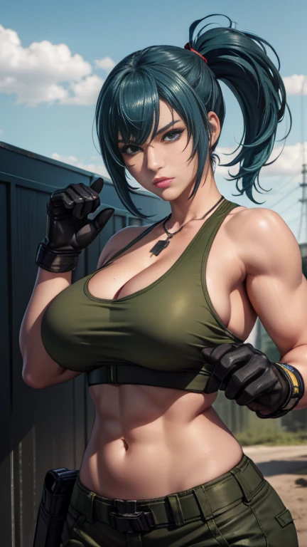 tmasterpiece, Best quality at best, A high resolution, 1girl, leona heidern, Blue hair, Blue eyes, pony tails, green shorts, cleavage，hason, crop top, Black gloves, large_breasts, army suit, Green jacket,  jewelry, nabel, huge tit, cow boy shot