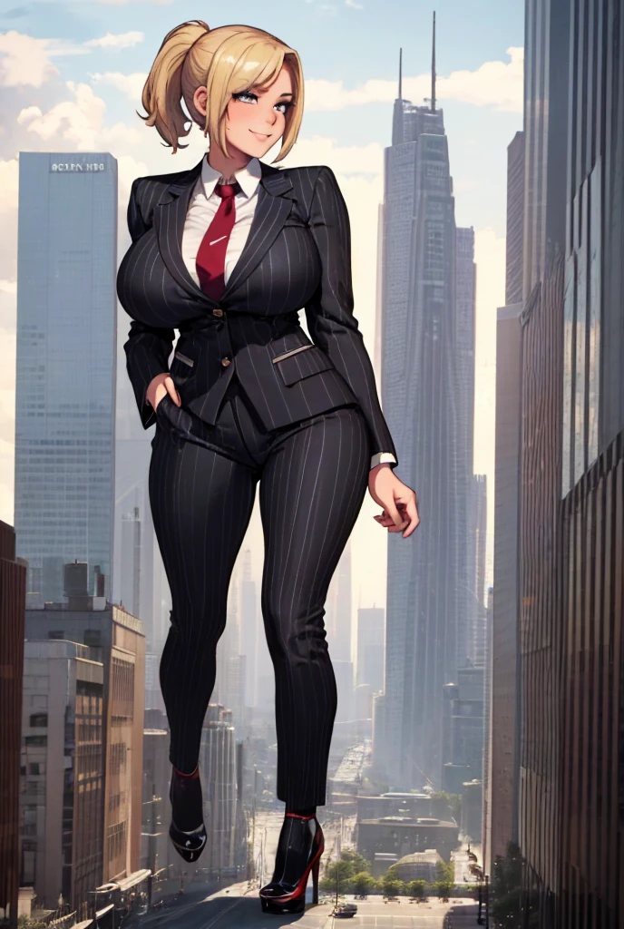 A growing Young adult women beautiful curves a massive thighs blonde hair in a ponytail lipstick wearing a perfect perfect tailored grey pinstriped trouser suit and blazer, crisp white shirt and large broad crimson windsor knot tie,colossal breasts. Platform high heels , standing, giantess art, tie clip, highly detailed giantess shots, giantess, most detailed, perfect face, Two legs, Five fingers, short hair, A girl who is bigger than a skyscraper, standing on very small city new york, skyscarpers at their feet, skyscrapers small, smile, huge breasts, major metropolis, numerous cities, , A very small big city, Miniature metropolis, Full body description, GTS, giga giantess, gigagts, stomping city, crash city, tiny city, micro city, , High resolution, highest quality, masterpiece,  tiny destroyed skyscrapers city, illustration, skyscrapers size of small toys standing behind and very far away from city, (masterpiece, best quality, best shadows, best shading, perfect hands, perfect face, cinematic lighting, colorful, ultra-detailed, beautiful photography, character focus, extremely-detailed, photorealistic, hyper photorealism, atmospheric), ), (giantess, stereotypical office boss), (dirty, filthy, unwashed, sweaty, unkempt, happy, tired, exhausted, annoyed), ((walking, mid stride:1.2, stepping down on:1.2, stomping, crush, rampage)), (black patent Louboutin rounded toe pumps, high heels, platform heels), ((,)), ((long ponytail hair with front bangs)), (high altitude photography, satellite view), (curvy, , heaving bosom, legs), (mega city, urban sprawl, and small towns, buildings, roads), (((cloudy, overcast, clouds and atmosphere partly obscuring the subject:1.2, hazy atmosphere, haze in foreground, wispy clouds))) footprints warzone 